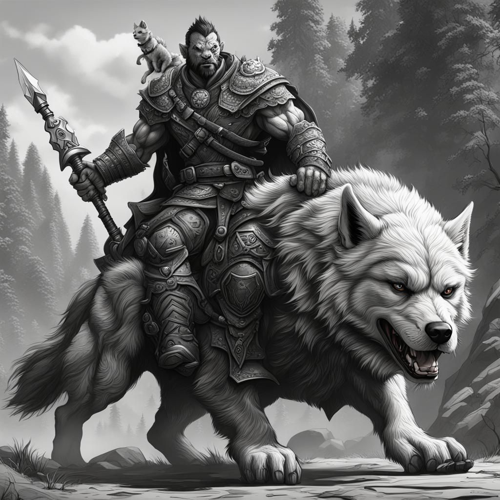 Hyper realistic black and white line drawing muscular orc ma...