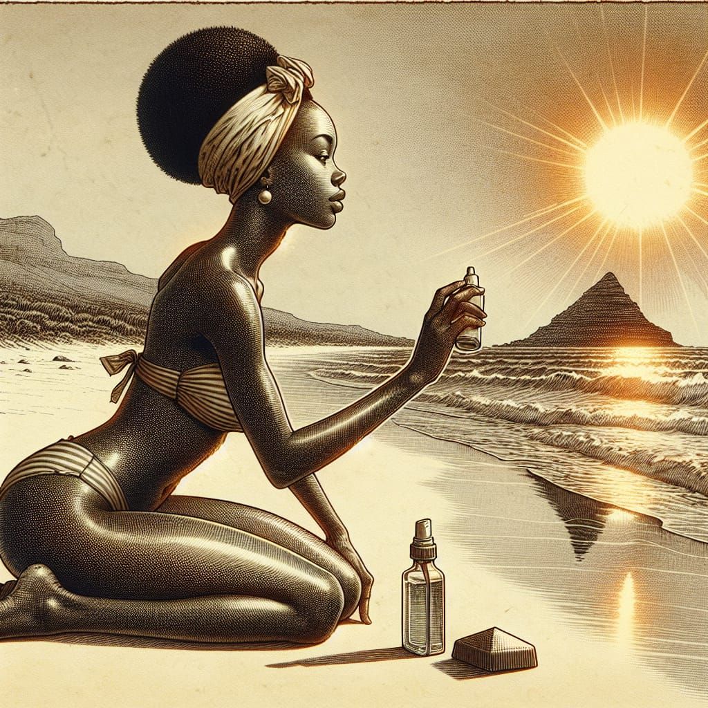 A Girl in a bikini on a sea beach applying body oil. She gaz...