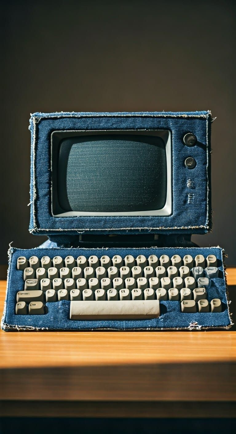 Computer made of blue denim with cloth keyboard   by @LoneWolfToronto