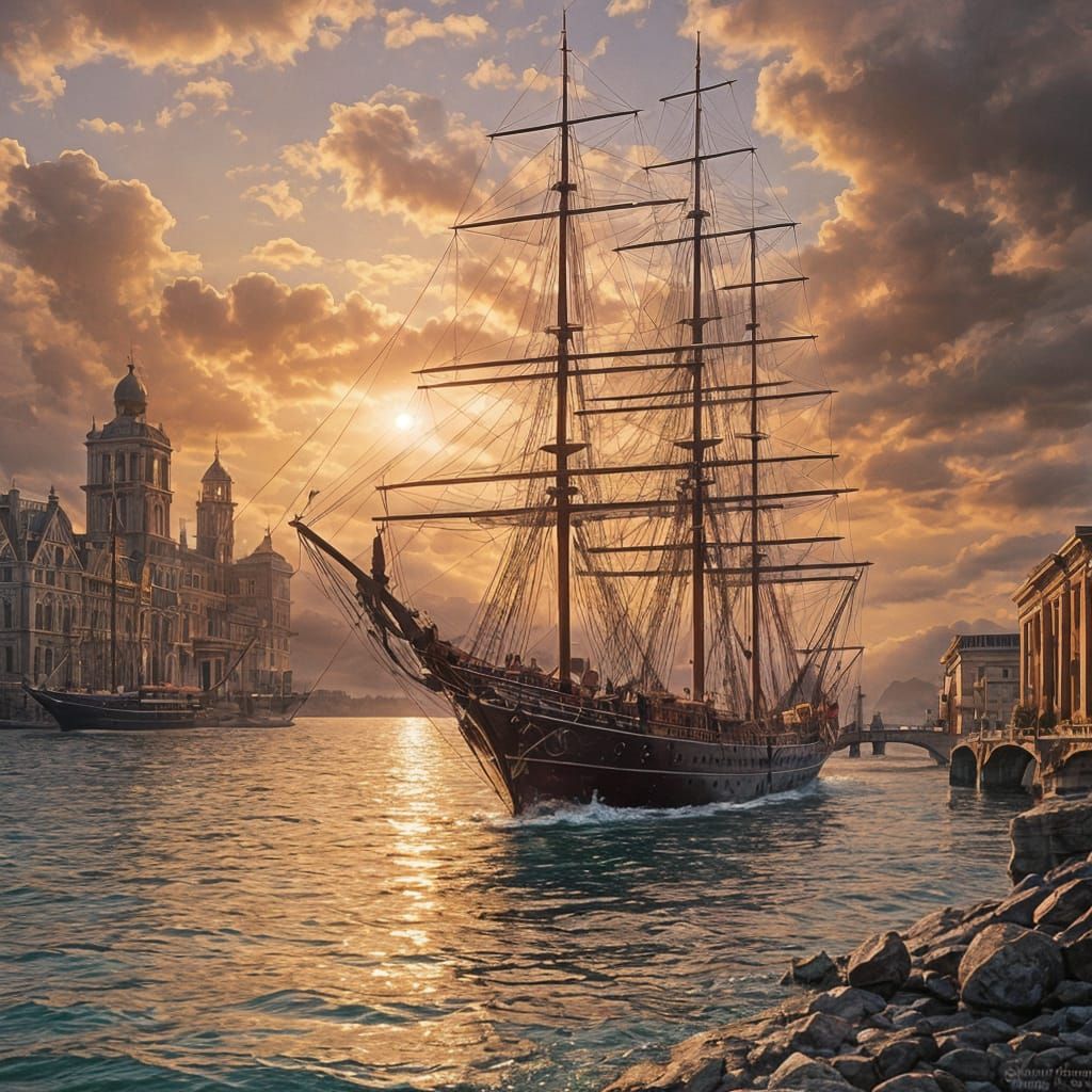 Galleon Sailing Under Sunset Near Stone Bridge