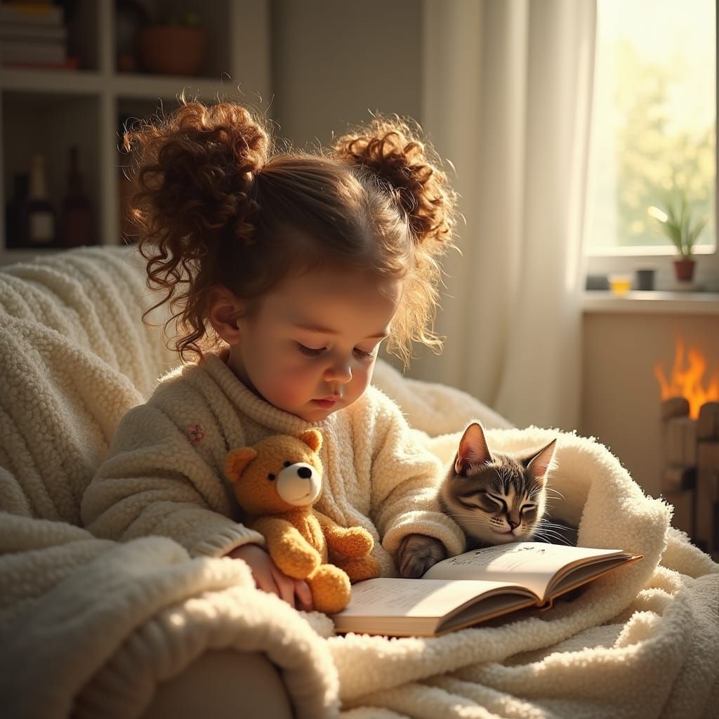 toddler girl with 2 high ponytails curled up on the couch wi...
