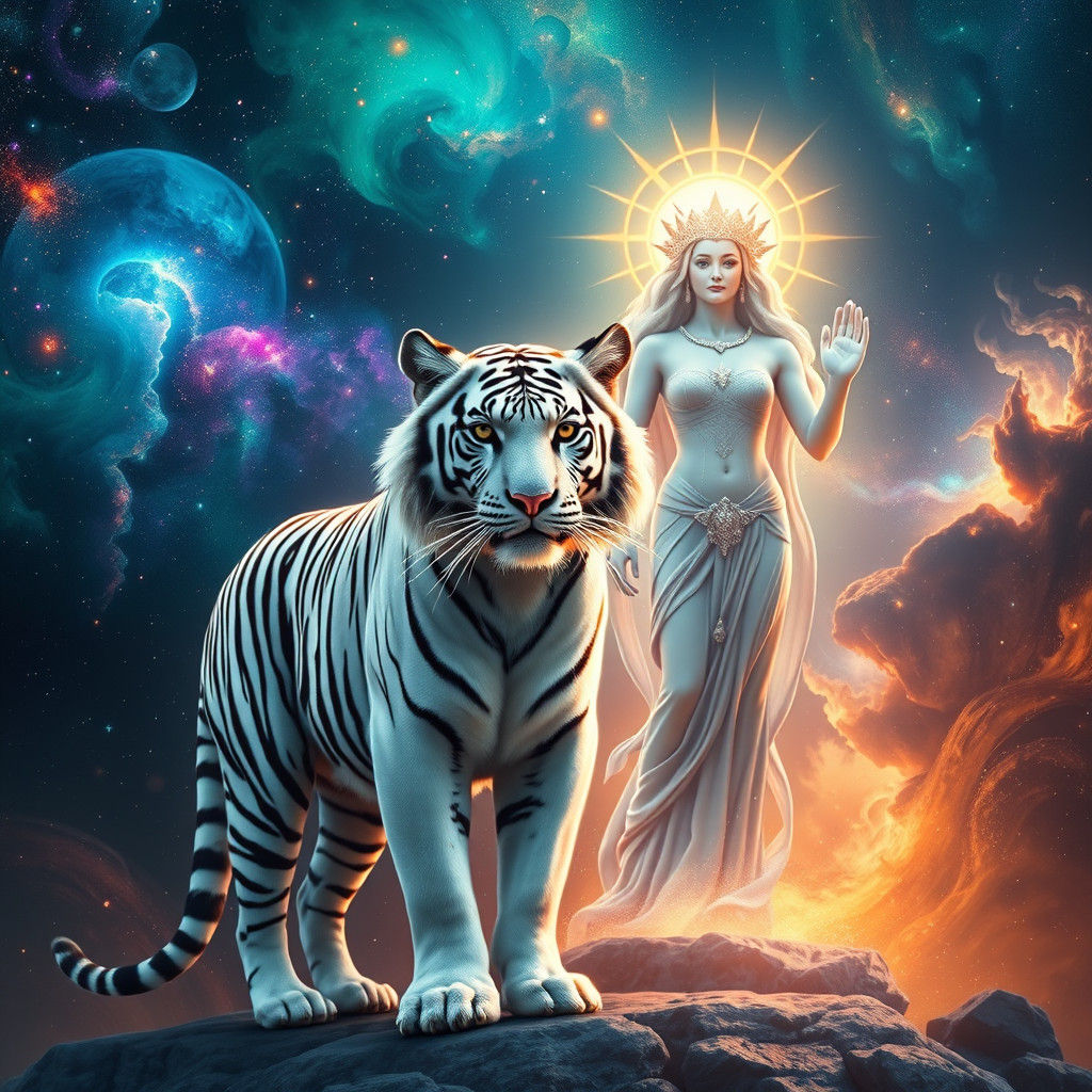 White tiger with selene in front of a cosmic background