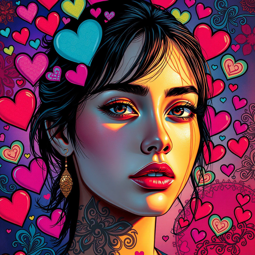 Emotive Portrait with Hearts in Takashi Murakami Style