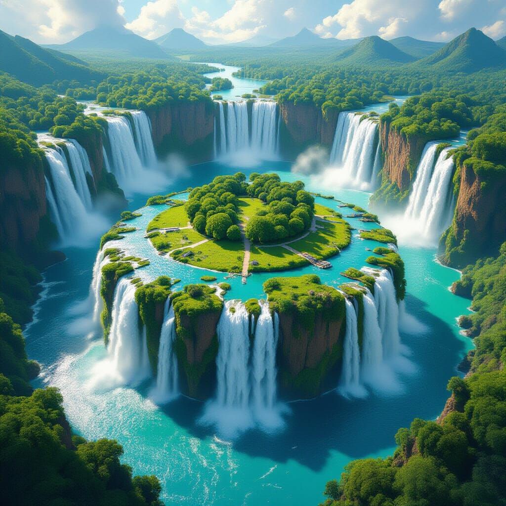 Majestic Waterfall Island in Hyperrealistic Style