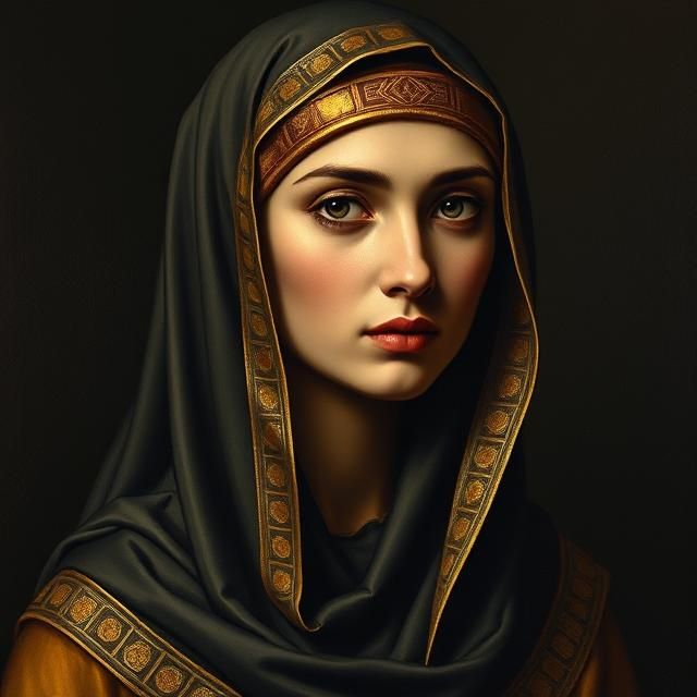 AN EGYPTIAN WOMAN  DRESSED  IN A BLACK AND GOLD HIJAB ON A  ...