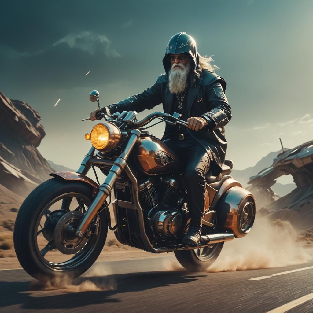 A wizard riding a futuristic motorcycle.