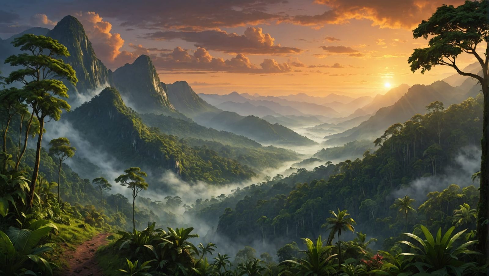 rain forest, sunset, mist, trees and mountains, beautiful, e...