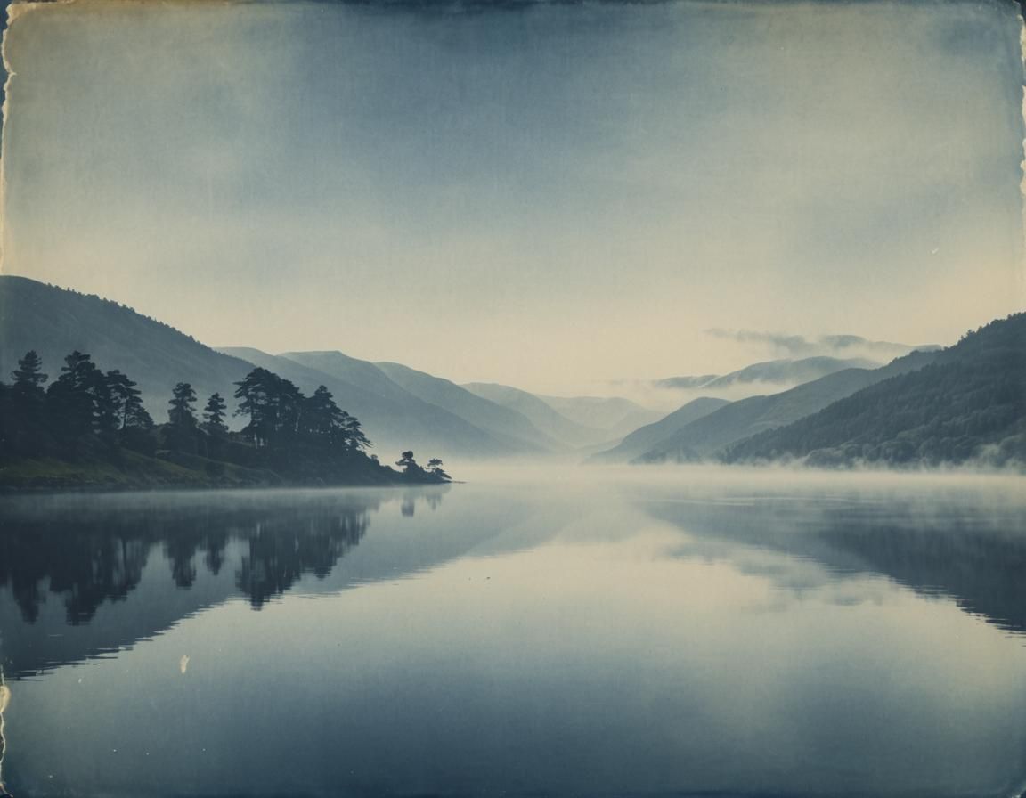 Ethereal Cyanotype Landscapes Distant Shot Loch Ness Monster...