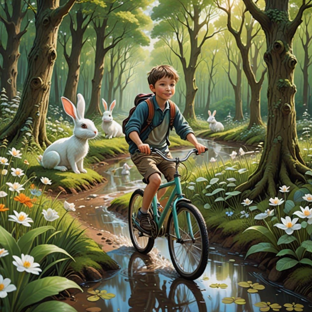 Boy Cycling Through Forest with Rabbits