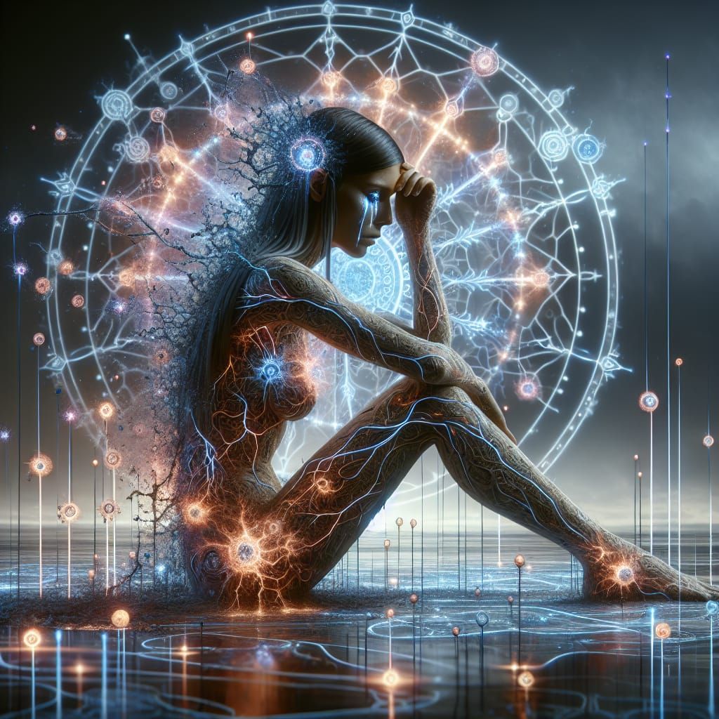 Shattered Woman Amidst Runes in Digital Art