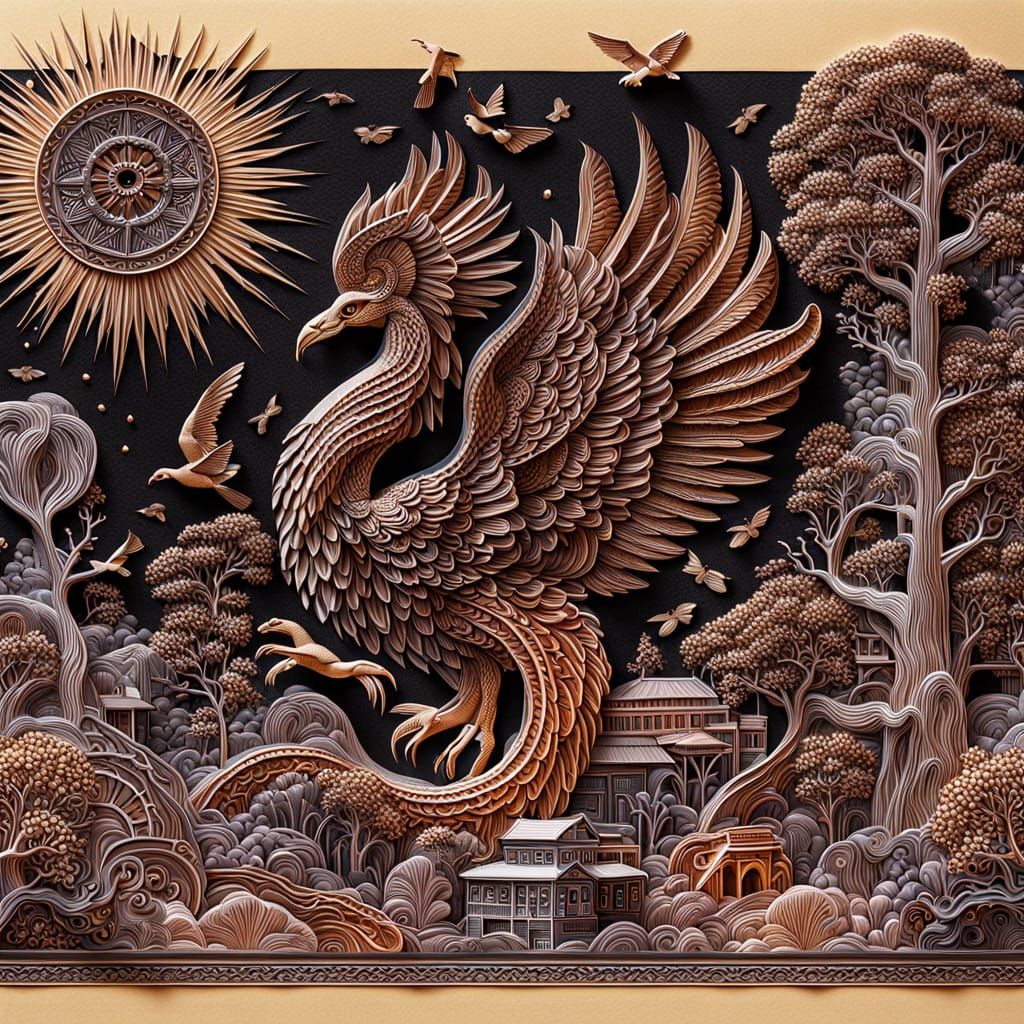 Vibrant 3D Relief Carving of a Unique Scene