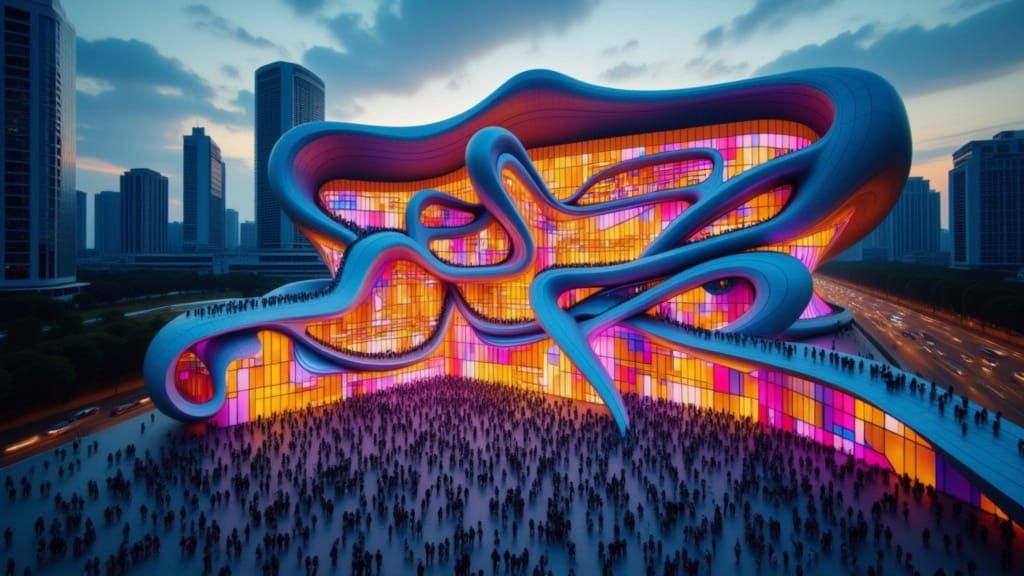 Aerial image of a crowd admiring a neon light show of Mondrian inspired waves in front of an architecture from Zaha Hadid. <lora:Curved Conc...
