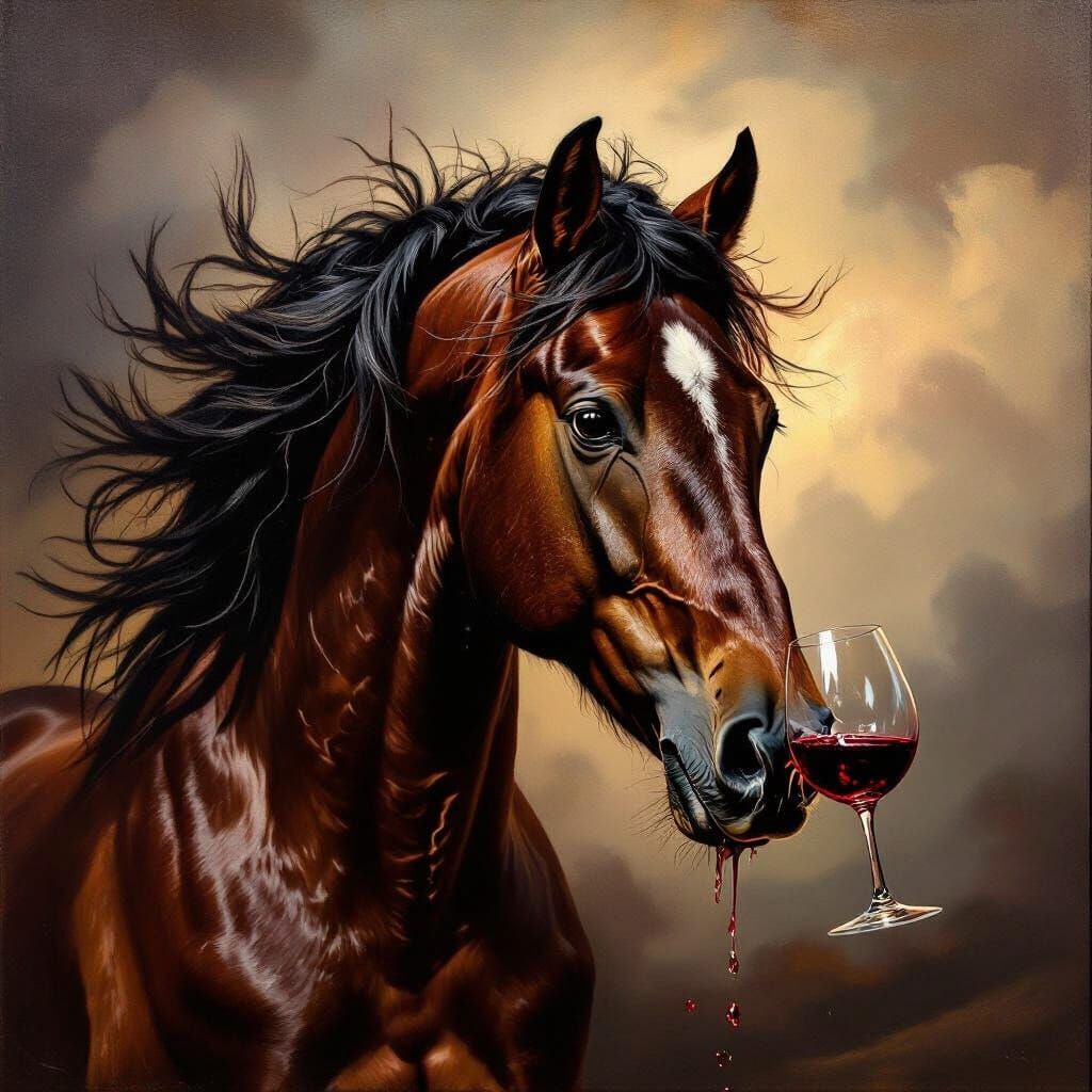 Majestic Stallion Drinks Wine, Mane Wild in Dramatic Oil Pai...