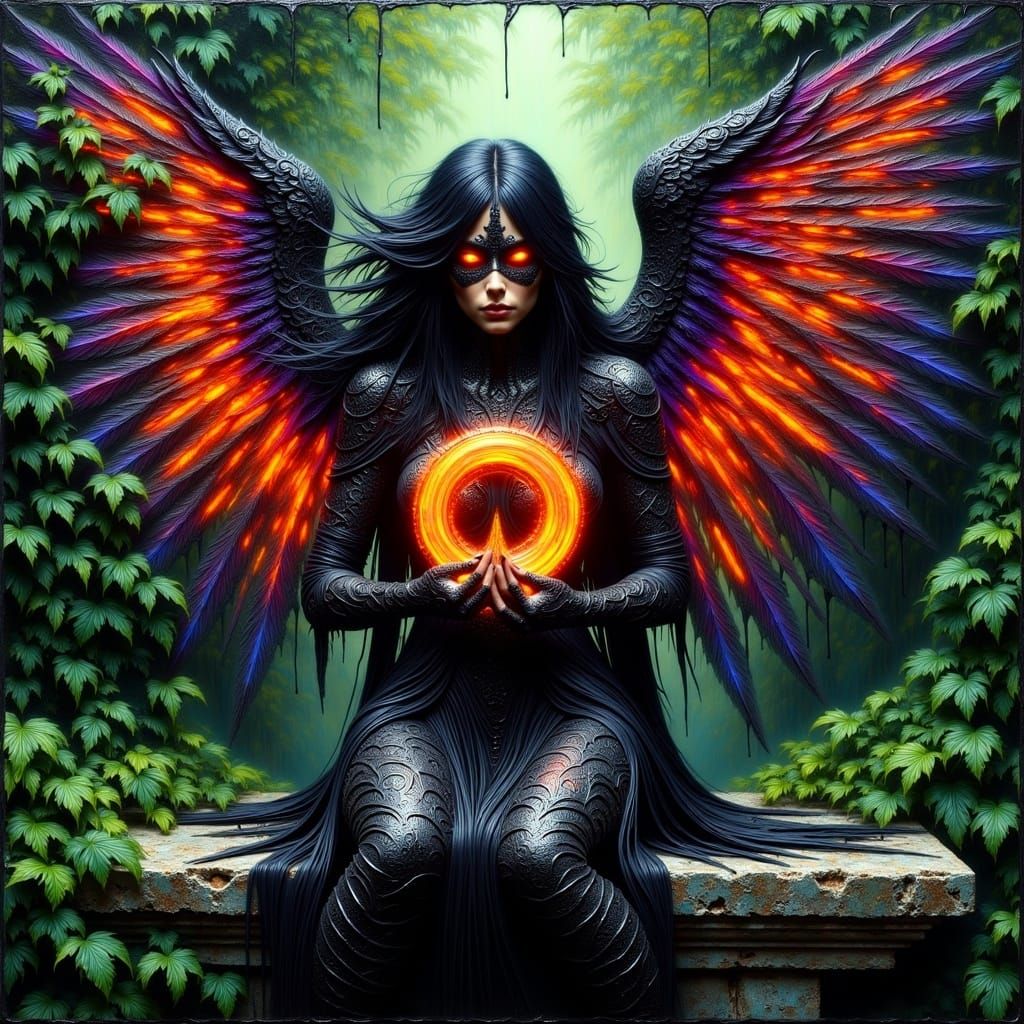 <lora:EncausticTextures:1.0> moody encaustic painting with thick layers of textured paint, fiery beautiful fallen angel with iridescent wing...