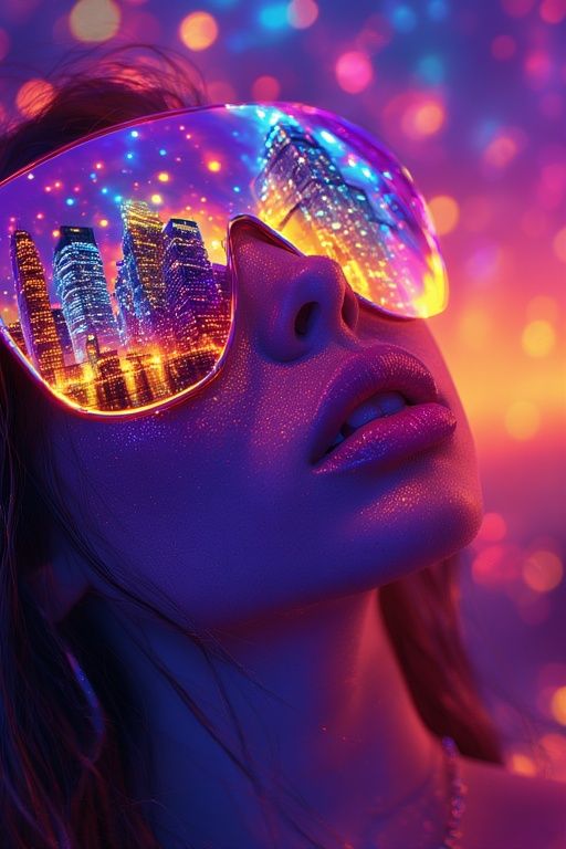 Cosmic Cityscape Reflected in Sunglasses, Hyper-Polished Neo...