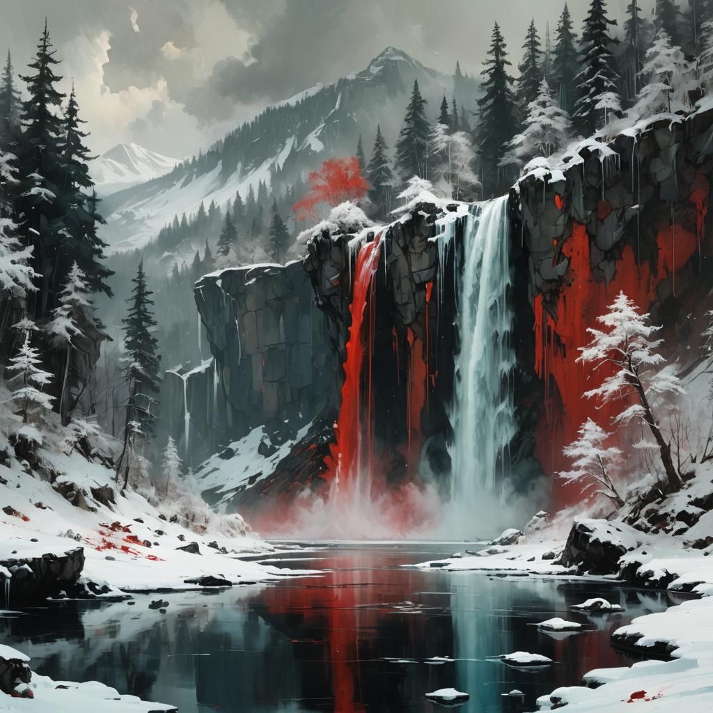 waterfall in a snow forest