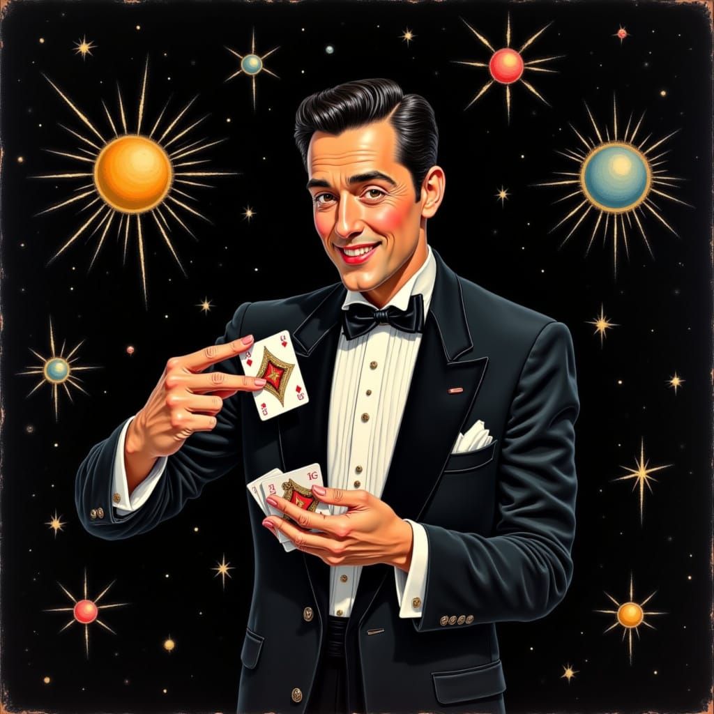 Oils on black velvet :: Portrait of magician in tuxedo doing a card trick, oil painted on black velvet, style of Edgar Leeteg, Margaret Kean...