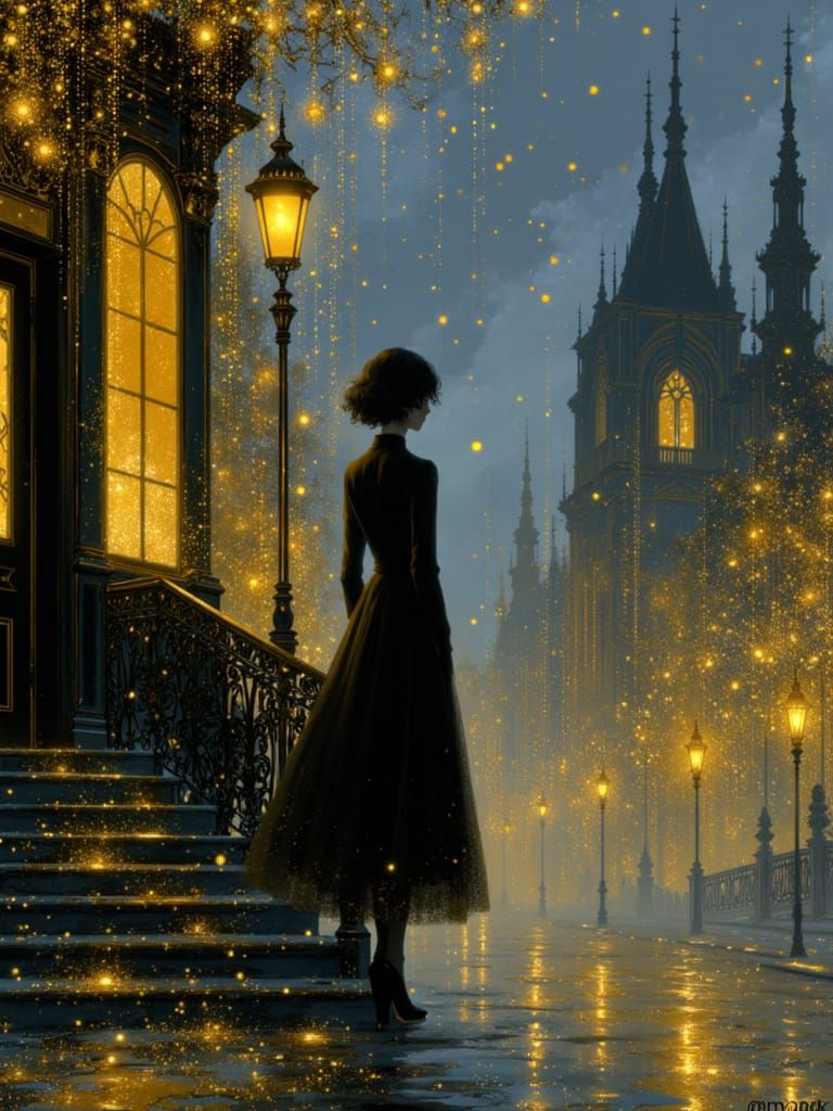 Oil painting of the back of a woman waiting at the street corner of a victorian style street, palace, autumn night rain, intricate details, ...