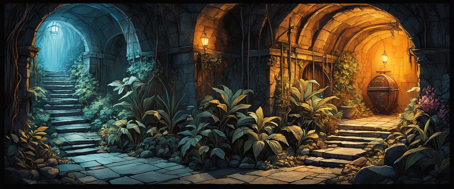 dungeon, mysterious passageway, tunnels, color lighting, stone, polished, vines, tropical plants, flowers, goblins, treasure chest, swords, ...