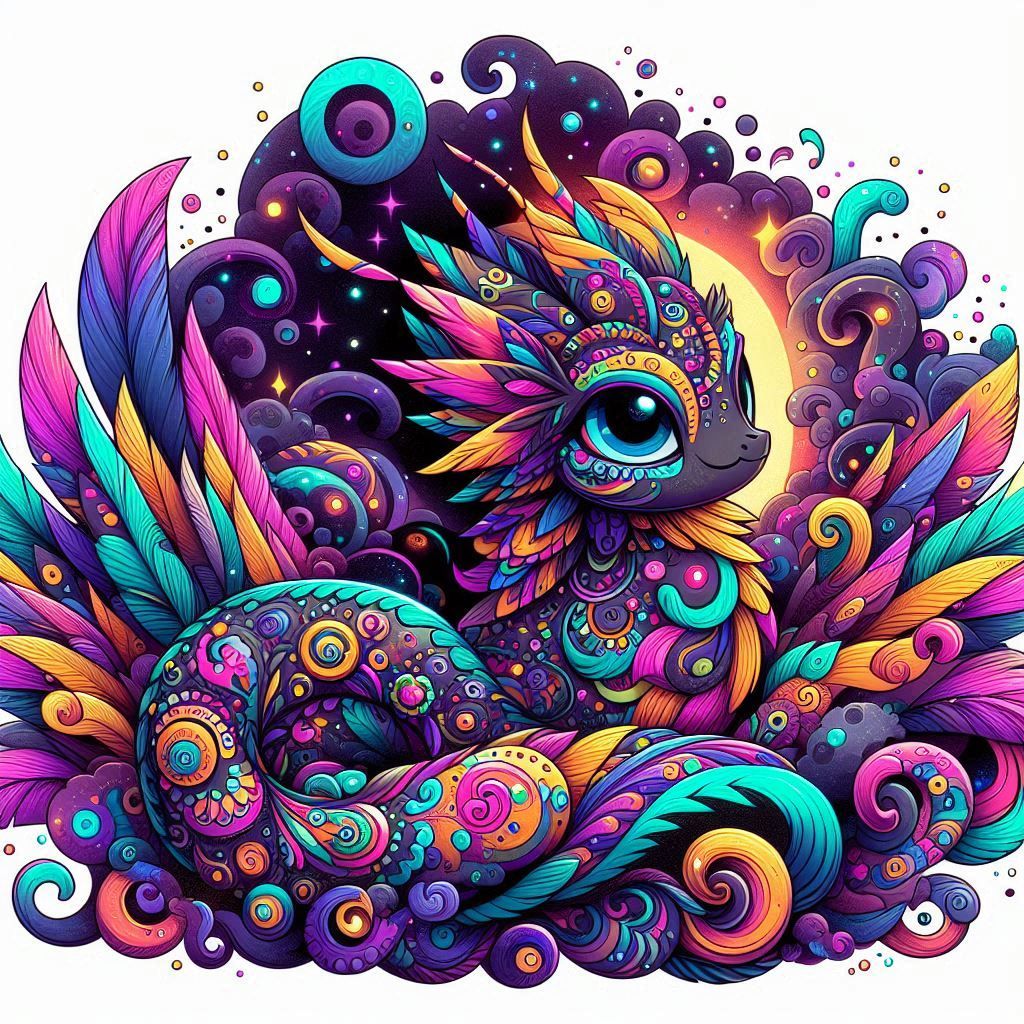 A whimsical goth Quetzalcoatl adorned with intricate, colorful details, presented in a vibrant cutecore aesthetic. The scene is richly detai...