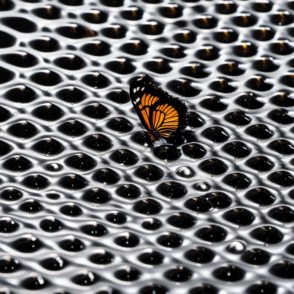 a butterfly sits on a <lora:Ferrofluid:0.9> pond