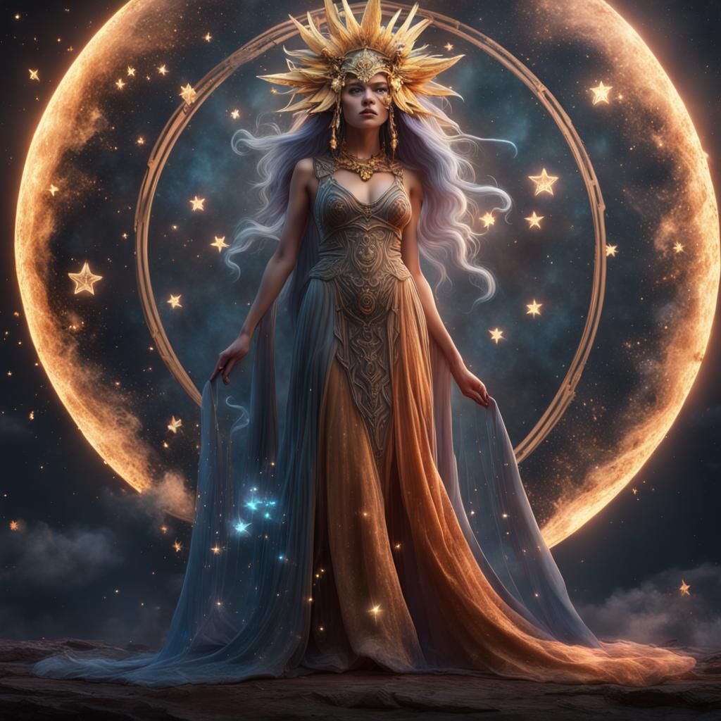 etheral sun and moon goddess magical effects stars flowy dre...