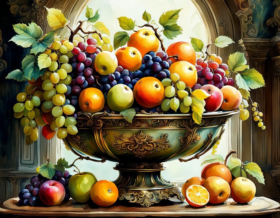 a whimsical painting of an ornate fruit bowl overflowing wit...