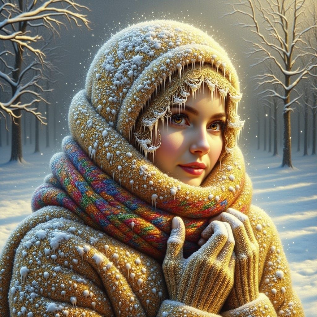 <lora:Frozen time:1.0>Beautiful woman made entirely of golden snowflakes, wrapped in a snow-dripping blanket with a realistic wool scarf in...