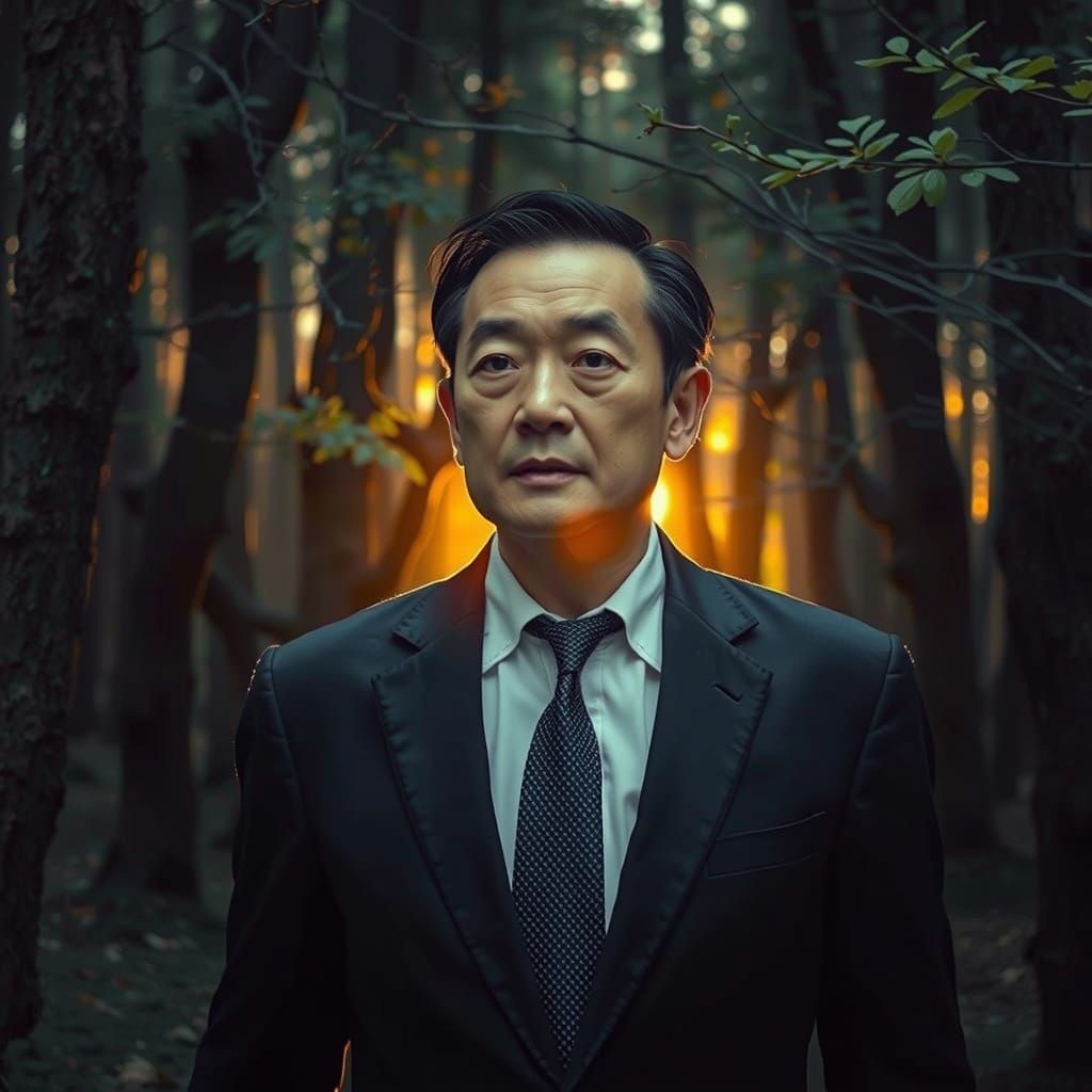 Ethereal Businessman in Aokigahara Forest at Sunset