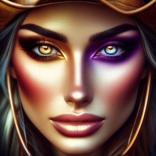 Heterochromia, <lora:SapphHeterochromia:1.0> one gold eye and one purple eye, cowgirl, split eye, beautiful, hyperrealistic, photography, po...