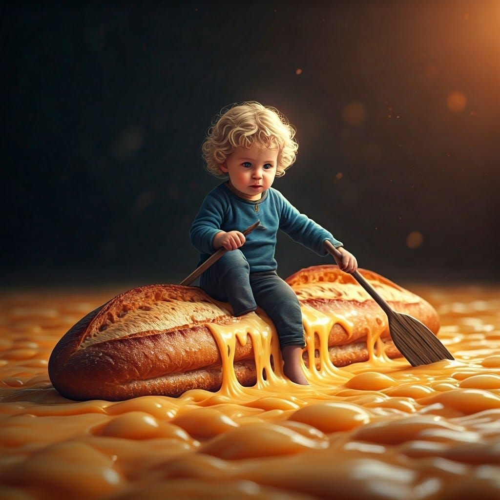 Boy Rows Baguette Through Cheese Sea: Fantasy Art