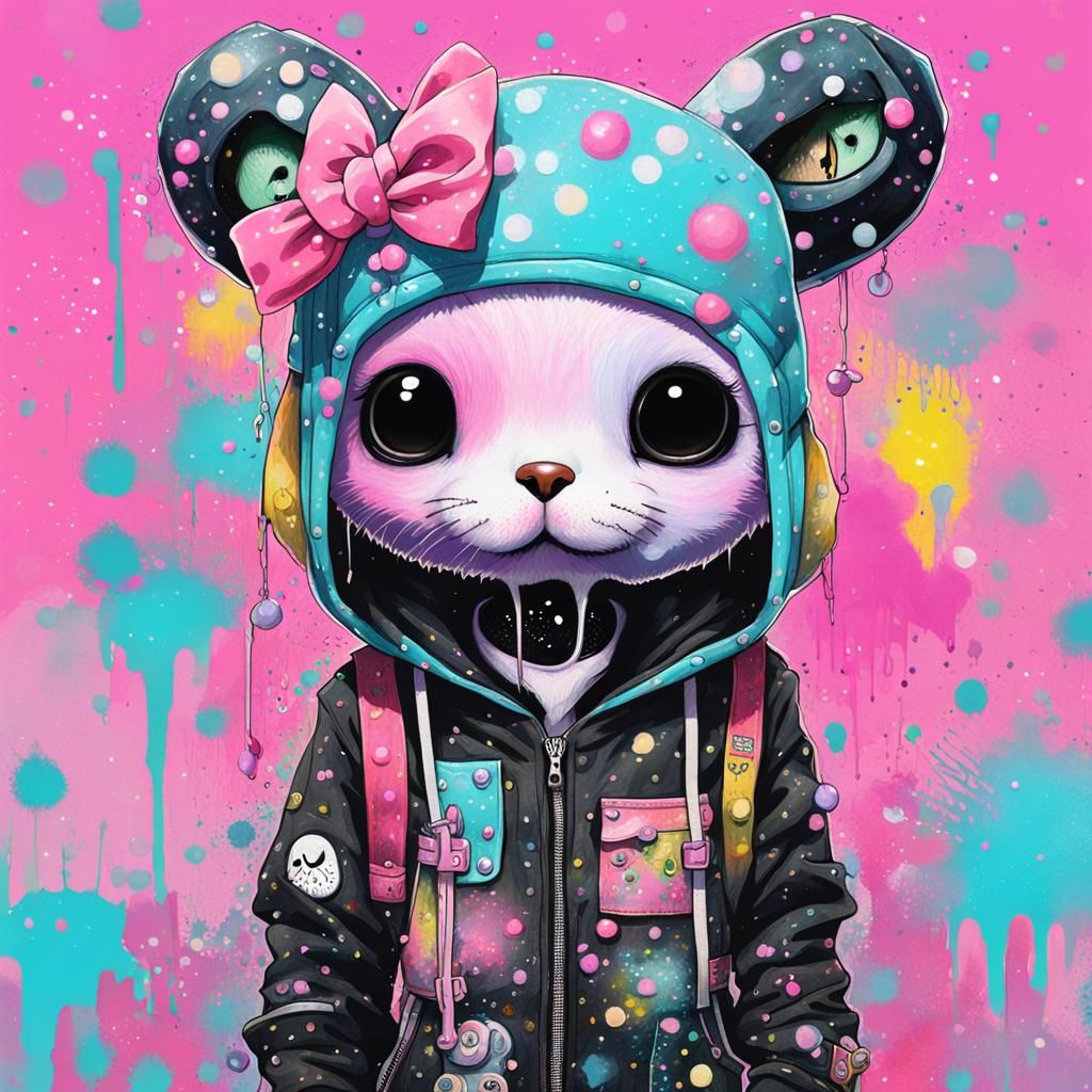 "Portrait of a cute Sanrio weird creature in pastel goth clo...
