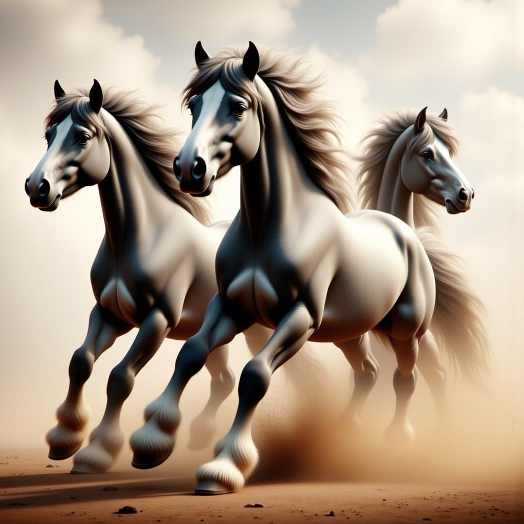 Photorealistic 3 wild grey horses galloping off. dust rising, natural colours,8k Resolution, chalk textured Matte Painting <lora:Trio of Hor...