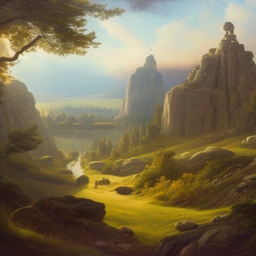 Druid in Sacred Grove: Historical Landscape Etching