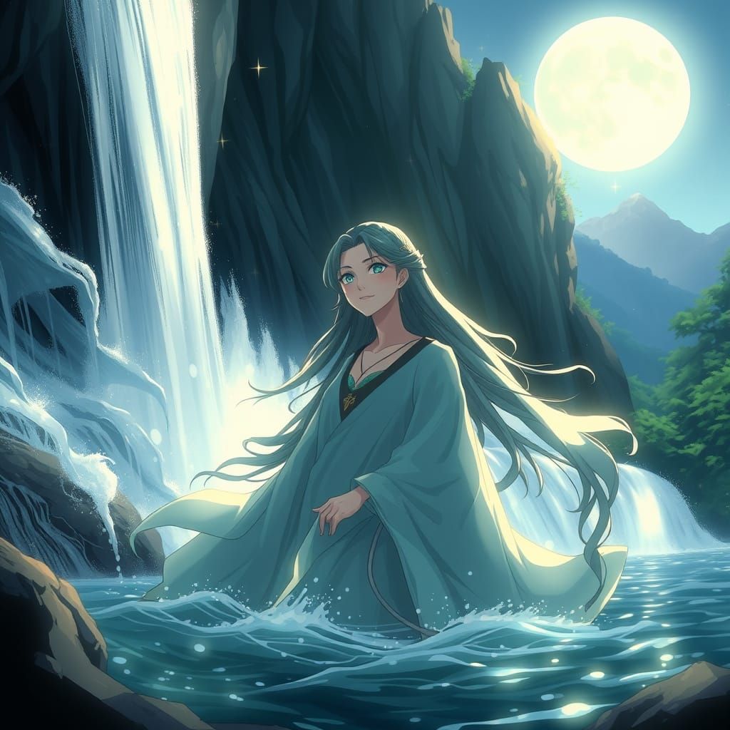 Anime Water Goddess in a Starry Landscape