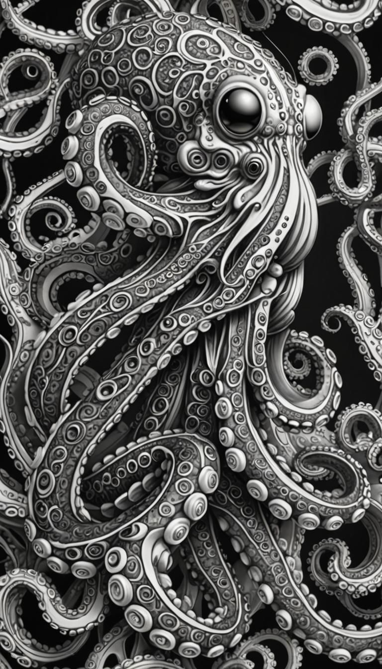 black and white pen drawing of an octopus in a dynamic pose ...