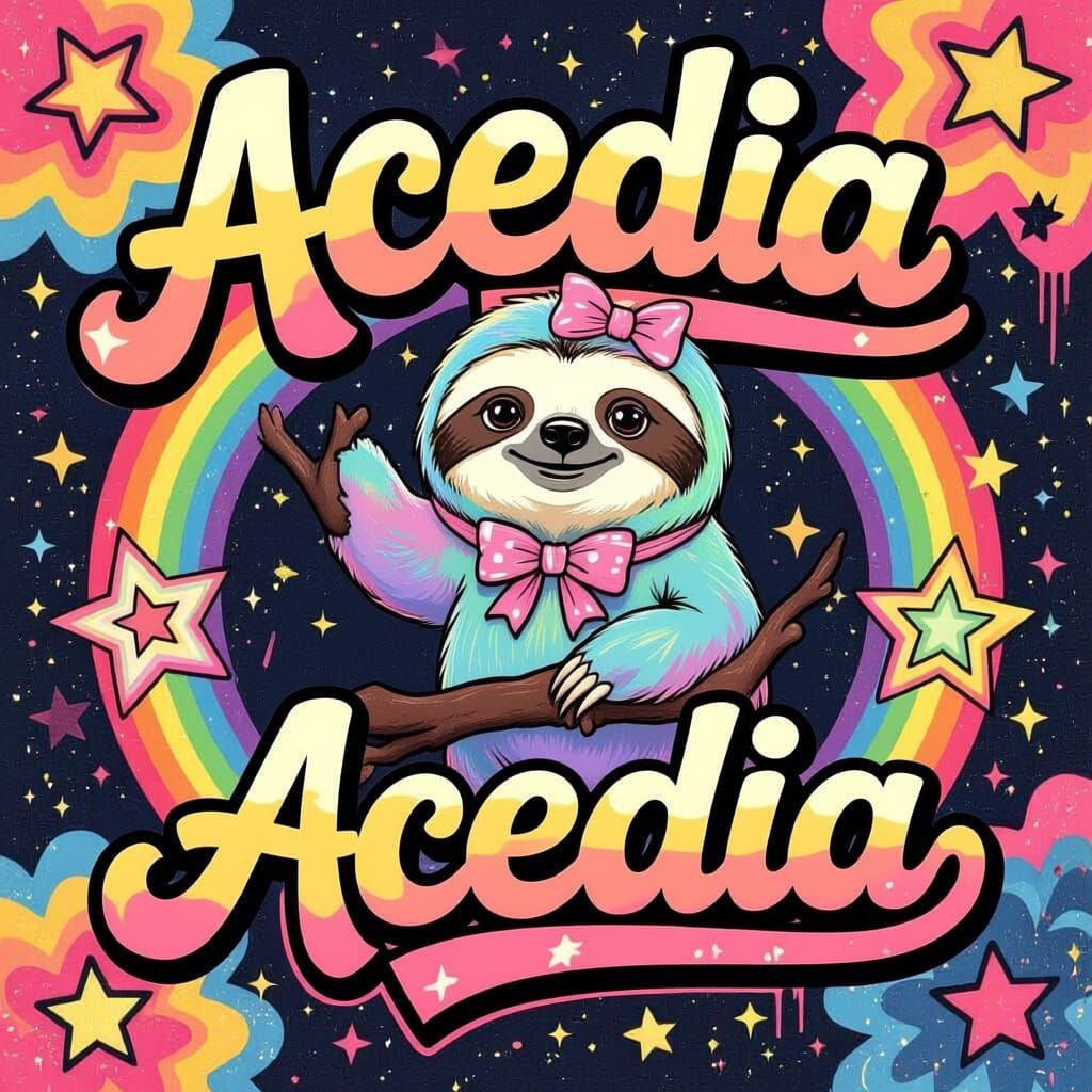 Lisa Frank inspired grafitti writing that says acedia on a stars and rainbows background, with a cute sloth 