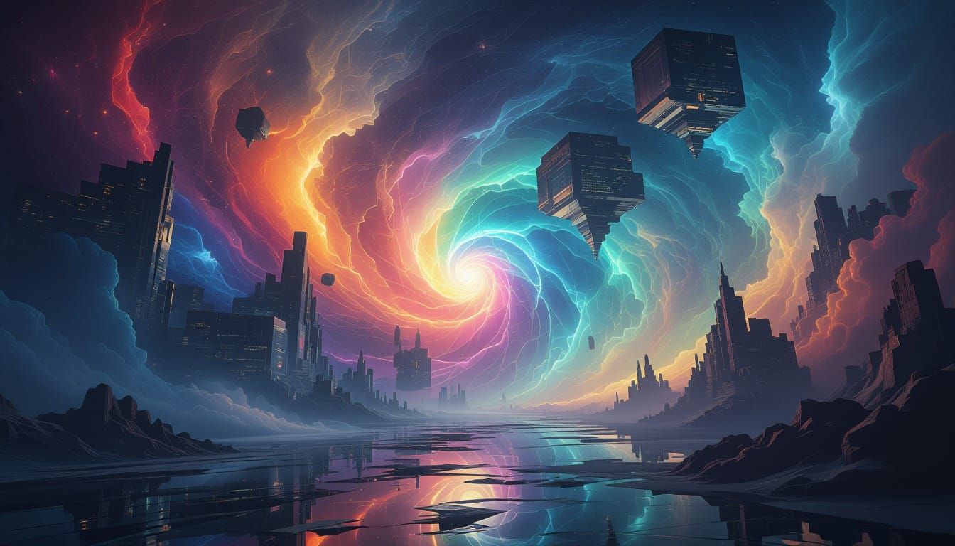 An ultra-abstract, mind-blowing artwork that seems completely otherworldly, beyond reality. Exploding swirls of luminous colors, fractal geo...