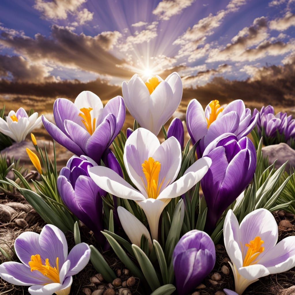 Vernal equinox | Purple white yellow crocus | clouds flee summer’s sun  by @fadelightly 