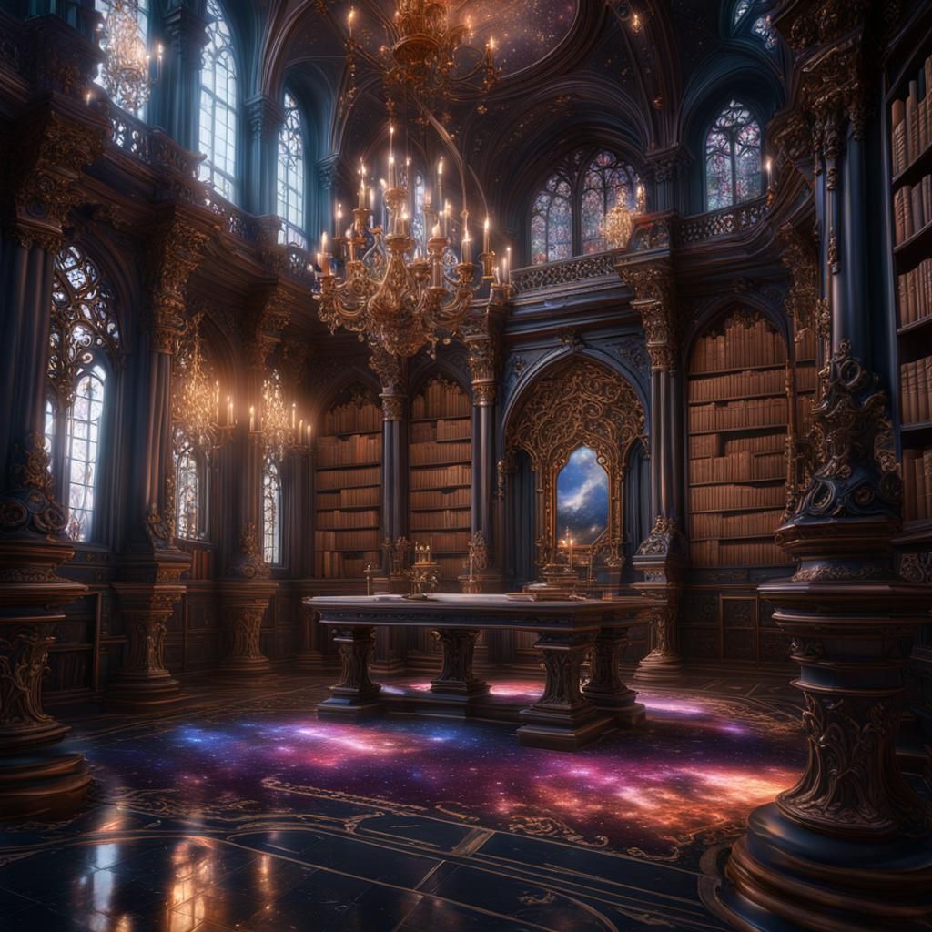 Large Galaxy inspired gothic rococo Library with reflective ...