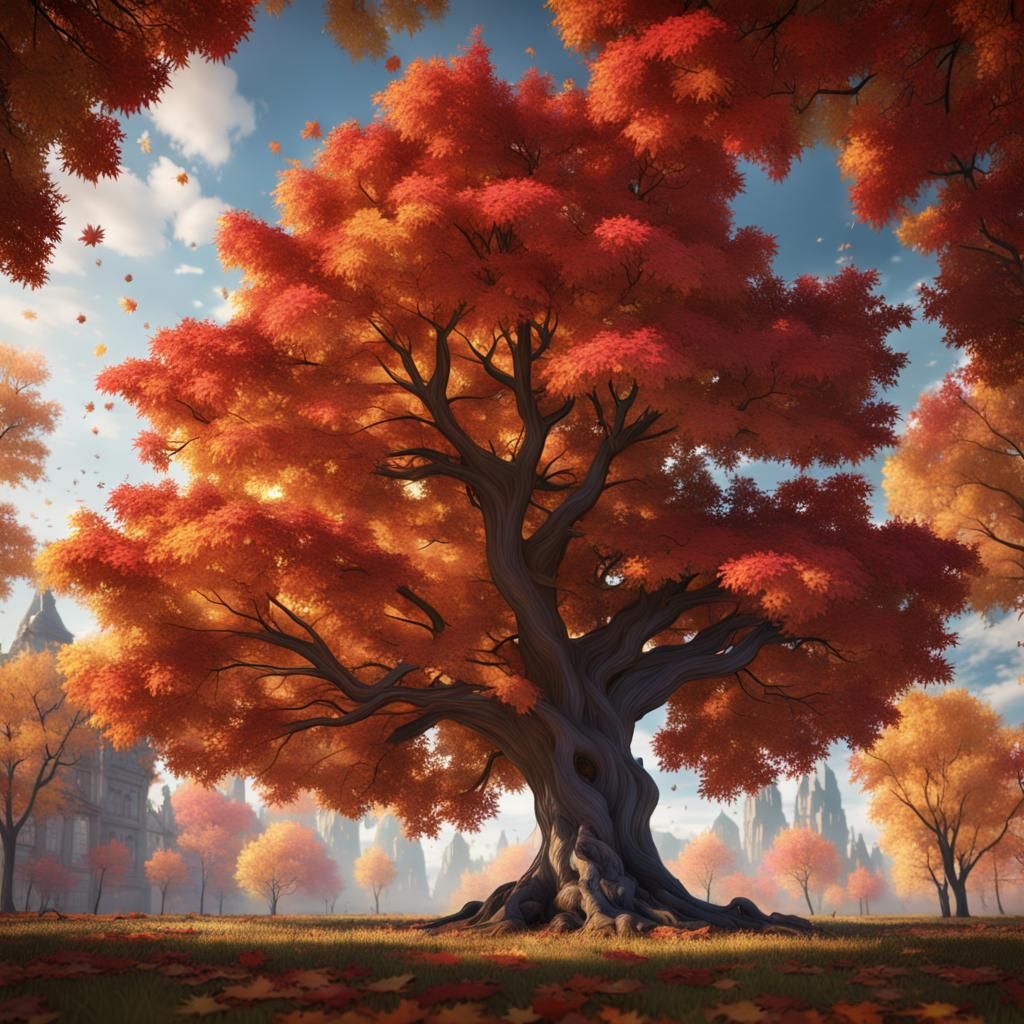 Beautiful fall maple tree with fall leaves falling from it - AI ...
