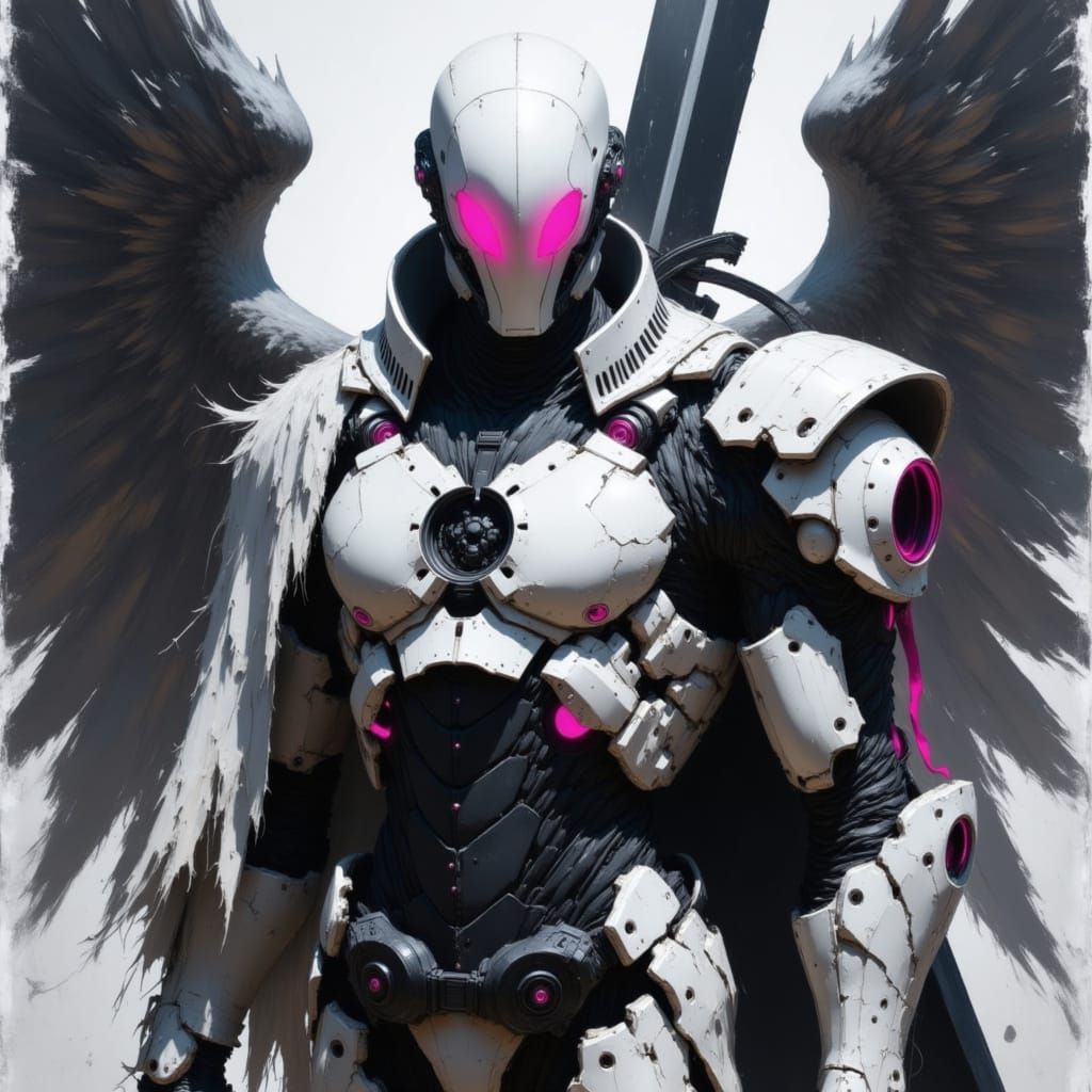 <lora:TexturedLinesV2:1.0> In Dynamic_pose Low-angle A white cyber warrior,wearing a tattered cape and partial armor with detailed Pink Neon...