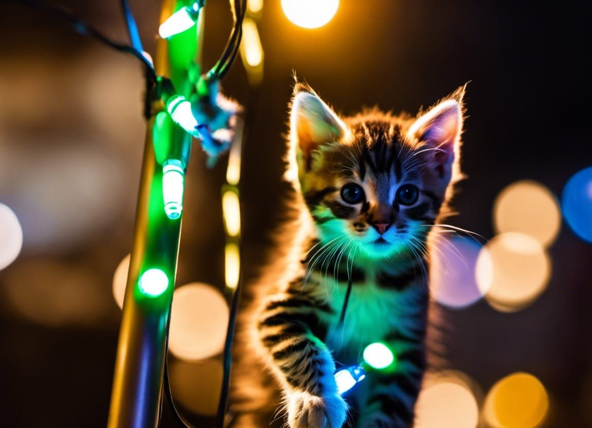 ⁷Kitten dressed a electrician climbing ontop of pole where transformer is. Kitten is trying to install lots of colorful ...