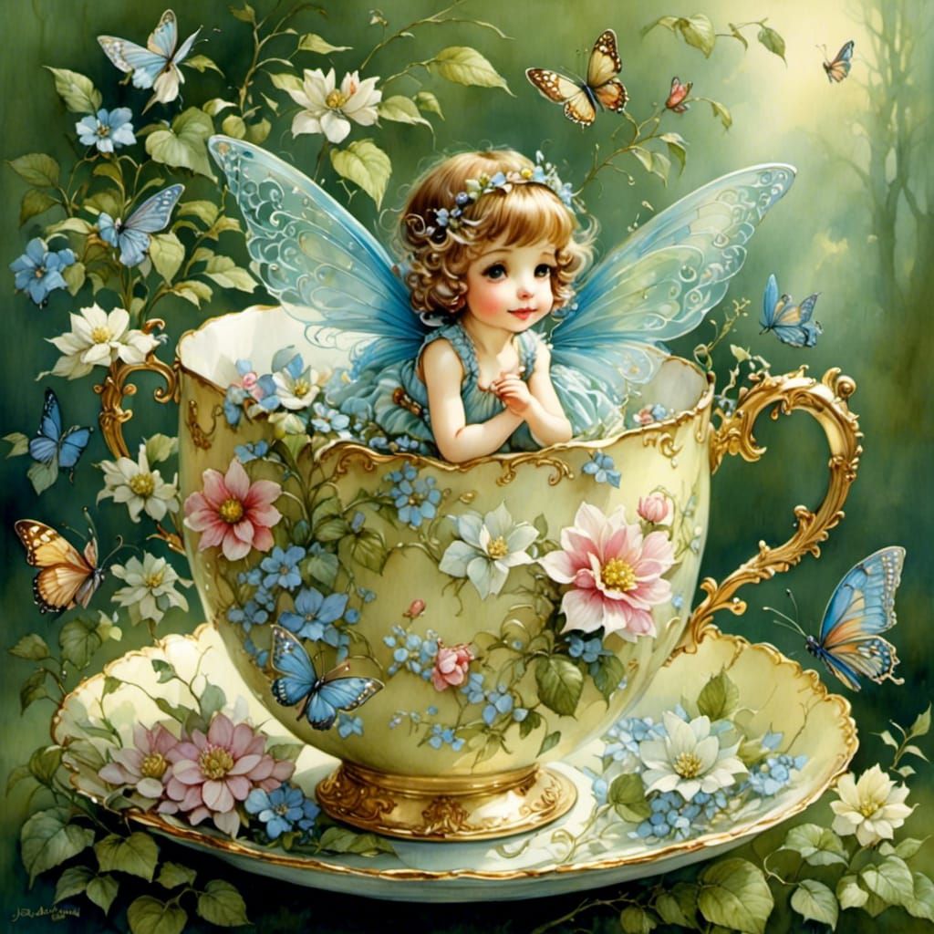 <lora:FairyTails:1.0> Cute fairy in a cup of tea