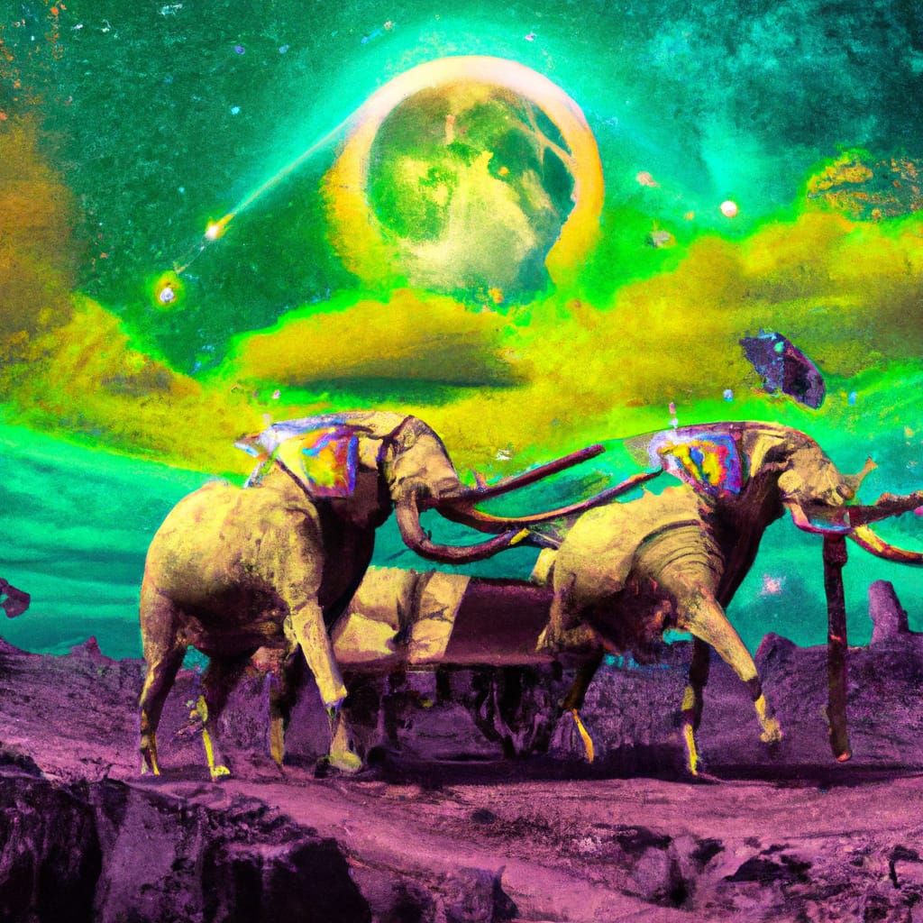 elephants pulling medieval carts of goods across a landscape...