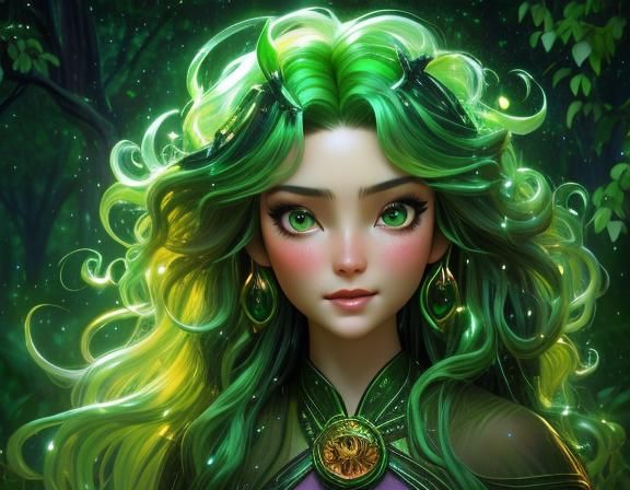 portrait of beautiful dryad, transparent, glowing green film...