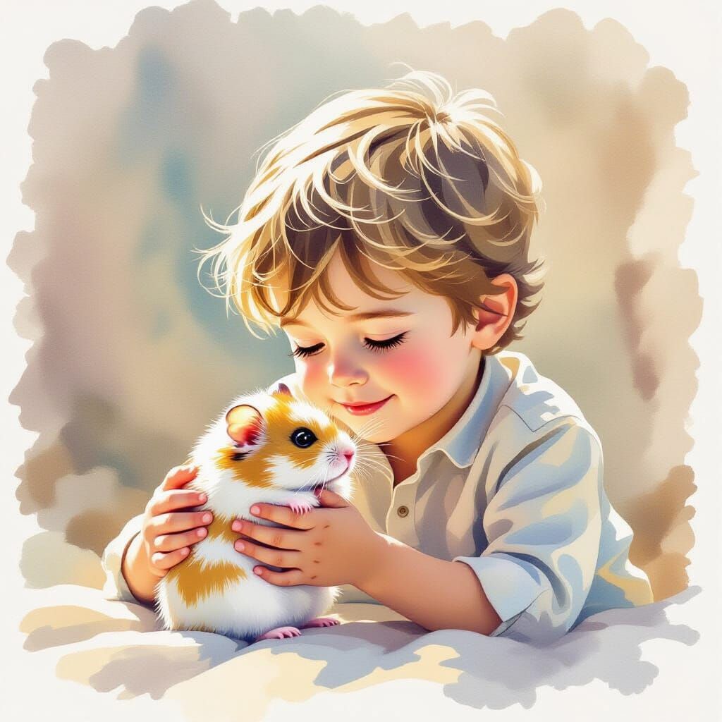 Boy Cradles Fluffy White Hamster in Watercolor Style