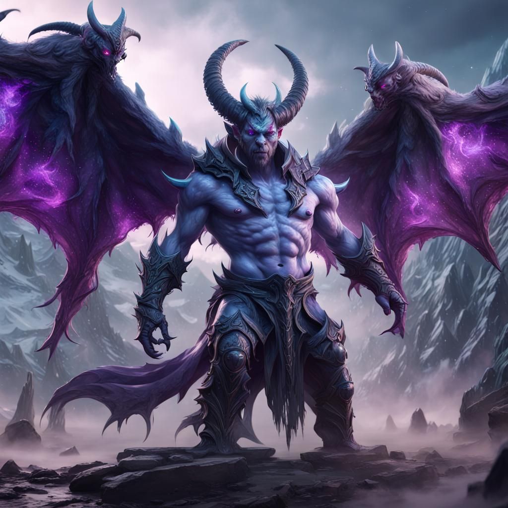 Ice demon vs demon with horns and purple wings