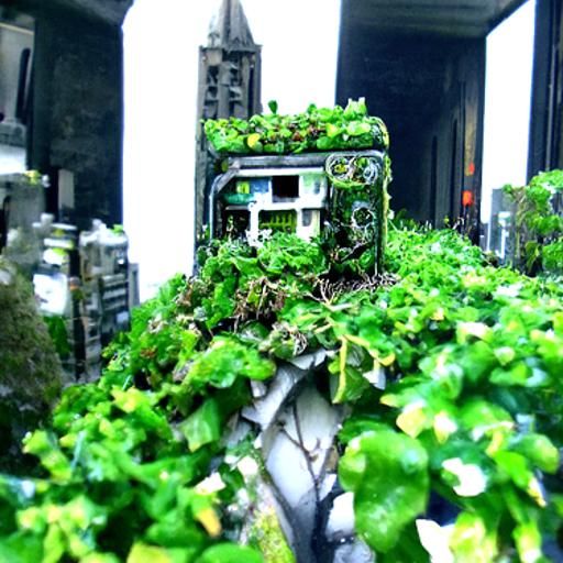 Overgrown city covered in vines and moss fridge