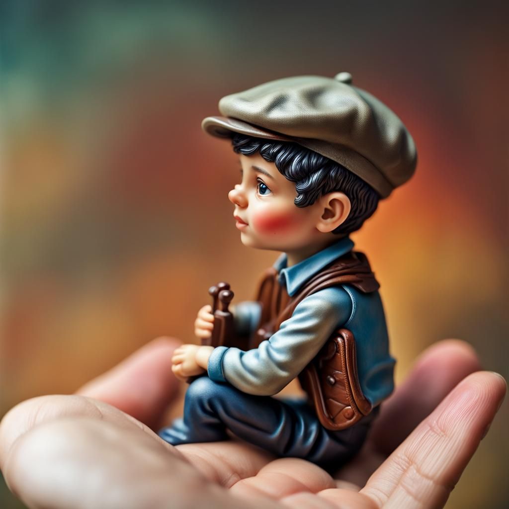 Miniature tiny boy sitting on fingertip, macro photography, ...